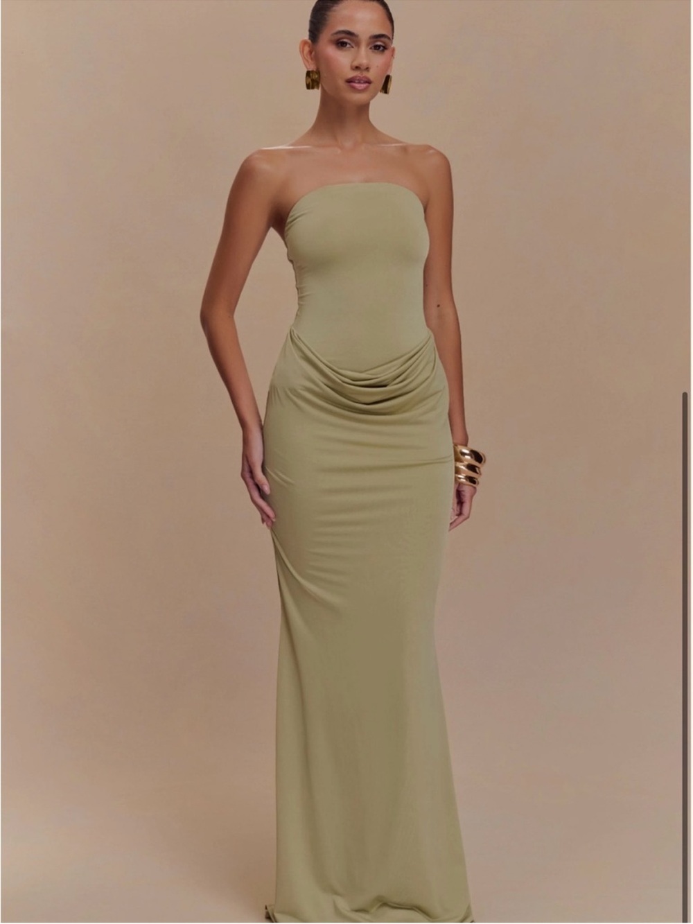 Meshki Madison Green Slinky Strapless Draped Maxi Gown